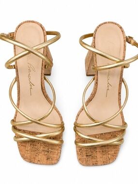 Luiza Barcelos Gold Strappy Cork Block Heel Sandals Square Toe US 9